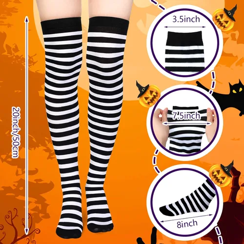 Vista 2 de SATINIOR Calcetines altos hasta el muslo para mujer, calcetines largos de Navidad a rayas, calcetines altos por encima de la rodilla, regalos