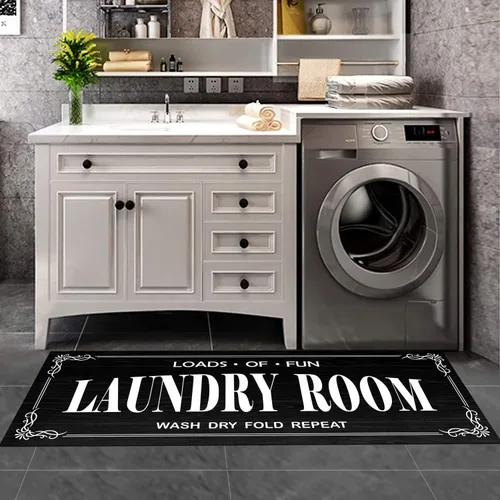 Vista 8 de Alfombra antideslizante para lavandería, decoración de lavandería, alfombra lavable para lavandería, baño, vestíbulo, cocina, 17 x 47 pulgadas, Negro