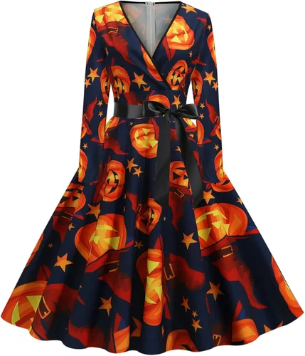 Vista 2 de Vestido de Halloween para mujer 2022, vestido vintage sexy con cuello en V, manga larga, vestido con vuelo