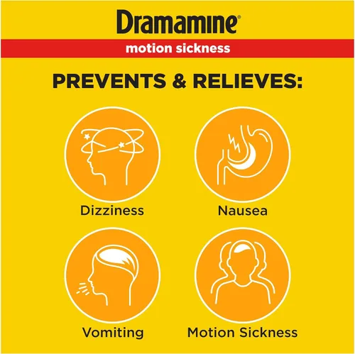 Vista 2 de Dramamine masticable, Alivio del mareo por movimiento, sabor a naranja, 4 unidades Chewables for Nausea Relief During Travel, Prevent & Relieve