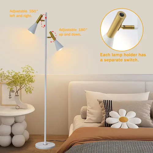 Vista 4 de Elegante lámpara de pie moderna con 2 cabezales ajustables, lámparas de pie blancas y doradas con base de mármol, luz vertical de poste alto