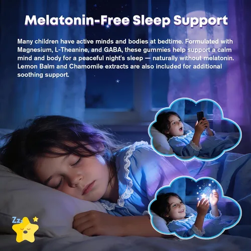 Vista 3 de Gomitas para dormir para niños, sin melatonina, gomitas para ayudar a dormir con magnesio y calcio, zinc, glicina, L-teanina, GABA, vitamina D3 K2