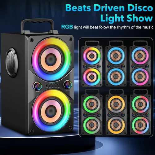 Vista 5 de Altavoz Bluetooth de 100 W, portátil, grande, potente, graves profundos, sonido fuerte, inalámbrico Boombox con subwoofer TWS luces LED DSP grandes