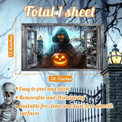 Vista 4 de Decoración de pared de Halloween, calcomanías de Halloween 3D para ventana falsa, despegar y pegar, calabazas, esqueleto, murales artísticos