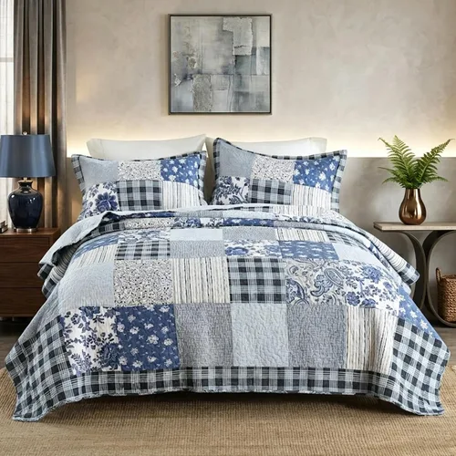 Vista 10 de Juego de ropa de cama de algodón, juego de colcha reversible de 3 piezas, edredón vintage con diseño floral de mosaico, colcha blanca, tamaño queen