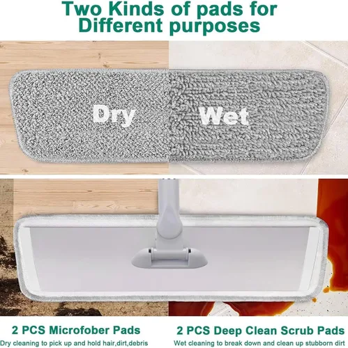 Vista 3 de Trapeador plano de microfibra húmedo-seco con mango ajustable de acero inoxidable de 51 pulgadas, 4 almohadillas reutilizables para trapear húmedo