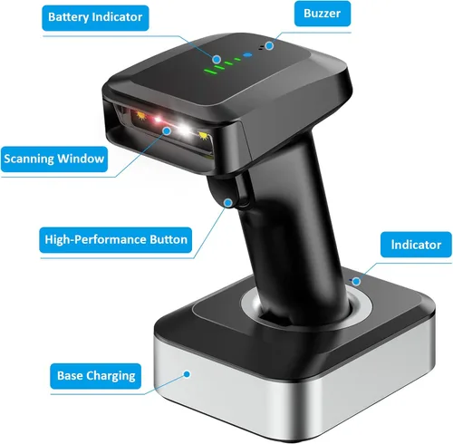 Vista 7 de Alacrity Escáner de código de barras inalámbrico QR 2D con base de carga e indicador de nivel de batería Bluetooth y 2.4 GHz inalámbrico y USB