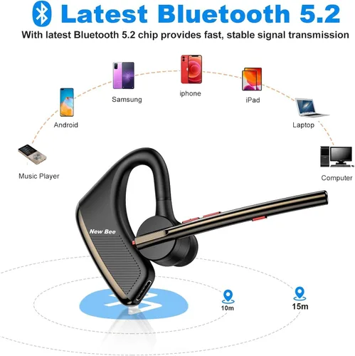 Vista 5 de New Bee Auricular Bluetooth V5.2 Auriculares inalámbricos Bluetooth 24 horas de conversación CVC8.0 Dual Mic Cancelación de ruido