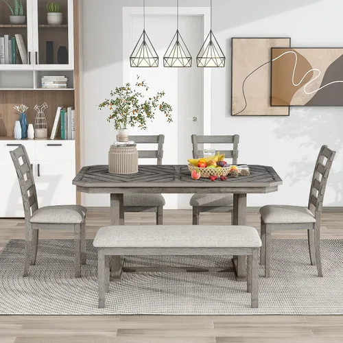 Vista 215 de Juego de mesa de comedor vintage de 6 piezas, juego de mesa de comedor de cocina de madera maciza con 4 sillas ergonómicas acolchadas y banco, mesa