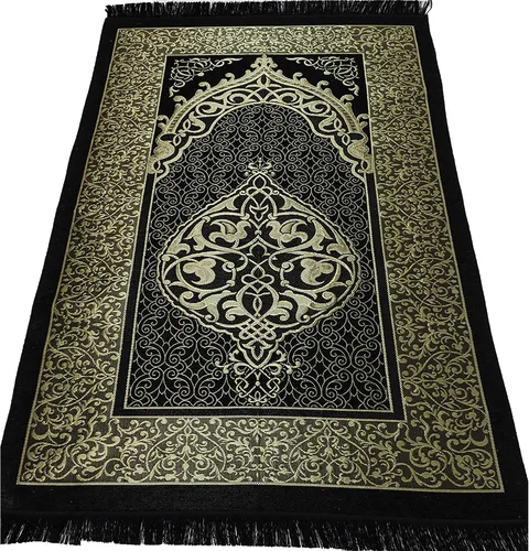 Vista 4 de Modefa - Alfombra de oración islámica de chenilla tejida intrincada con bordado floral de Janamaz Sajadah turco, Negro