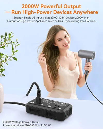 Vista 4 de Adaptador de enchufe de viaje europeo de 220 V a 110 V Convertidor de voltaje de EE. UU. a Europa 2000 W Convertidor de voltaje de viaje con 2 Negro