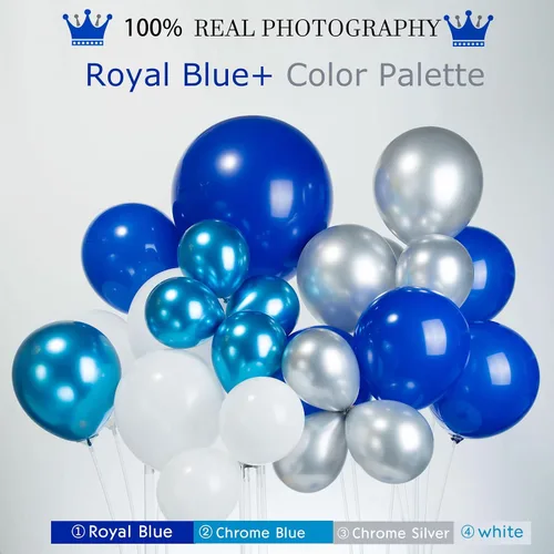 Vista 3 de Kit de arco de guirnalda de globos azul real, blanco y plateado, globos azules metálicos con globos de papel de aluminio en forma de explosión Azul