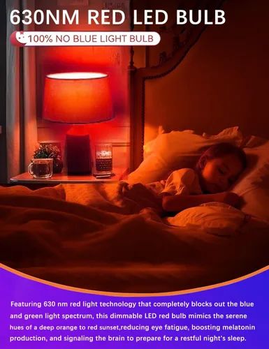 Vista 2 de Bombilla LED roja para dormir, regulable, 100% bloqueo de luz azul, 630 nm, bombillas de luz roja que promueven la melatonina, A15 5 W, base E26