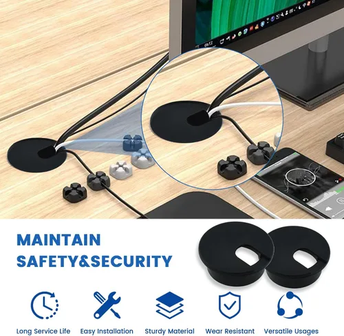 Vista 6 de SDTC Tech Paquete de 3 organizadores de cables de plástico negro con ojales de 1 pulgada para escritorio