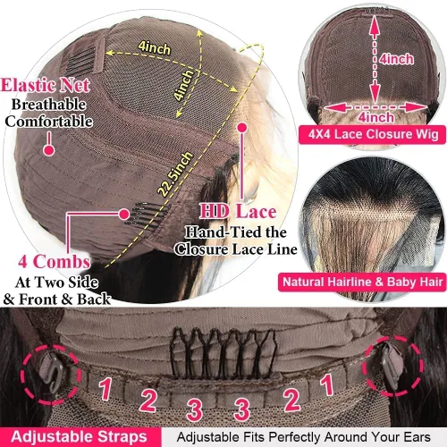 Vista 4 de Peluca de cabello humano ondulado con encaje frontal HD de 4 x 4 pulgadas, prearrancado con abuelitos, sin pegamento, (18 pulgadas)