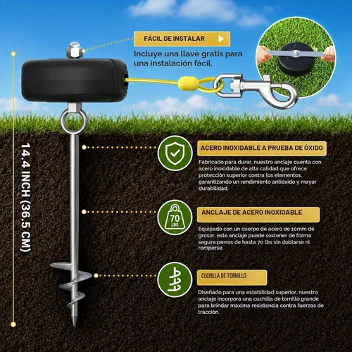 Vista 8 de Cable retráctil de 30 pies y estaca para perros, correa sin enredos para entre 10 y 90 libras, carrete retráctil de plomo de perro de 360° para Negro