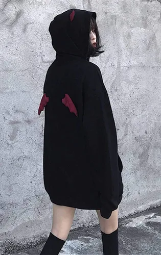 Vista 5 de Sudadera con capucha de manga larga con capucha de Devil Wings para mujer Negro
