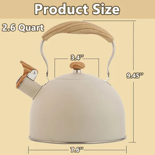 Vista 2 de Tetera de 2.6 cuartos de galón, tetera silbante de acero inoxidable de grado alimenticio con mango de madera, funciona para todas las estufas