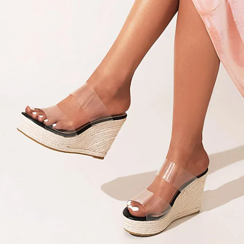 Vista 5 de VARECOLA Sandalias de tacón de cuña con correas transparentes para mujer, sandalias de plataforma con puntera abierta