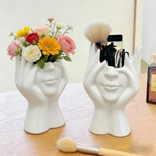 Vista 5 de Soporte decorativo para brochas de maquillaje facial, diseño de escultura de cerámica blanca, 7 x 4.7 pulgadas, organizador de cosméticos