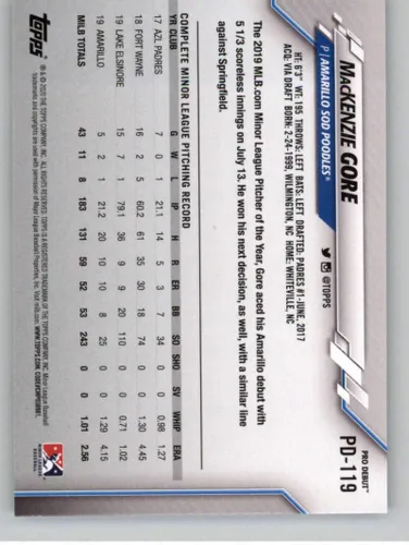 Vista 2 de 2020 Topps Pro Debut #PD-119 MacKenzie Gore RC Rookie Amarillo Sod Poodles Baseball Trading Card