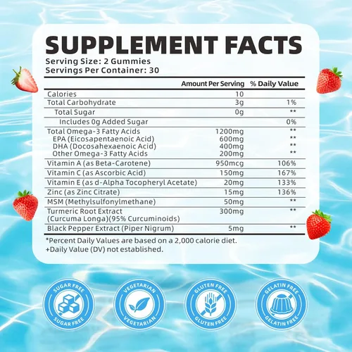 Vista 2 de softbear Gomitas Omega 3 para mujeres, hombres y niños, suplementos Omega 3 de 1200 mg de ácidos grasos veganos Omega 3 DHA EPA con vitaminas que