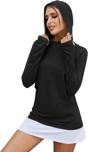 Vista 3 de LUYAA Sudadera con capucha para mujer, con protección solar UPF 50+, transpirable, elástica, de manga larga, para correr, entrenamiento al aire libre