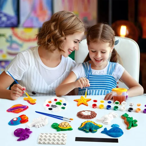 Vista 5 de Juboury Kit de manualidades para niños, pintura en yeso, juego de arte para pintar tu propio espacio, dinosaurios y figuras de vida marina, kit