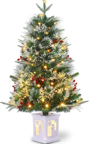 Vista 12 de Árbol de Navidad de 3 pies con base de reno, árbol de Navidad artificial esmerilado con 78 luces LED, caja de batería de 8 modos, decoraciones