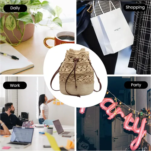 Vista 5 de Bolsa de paja para mujer, bolsa de playa tejida de verano con cordón de ajuste, bolso de mano para vacaciones (beige)