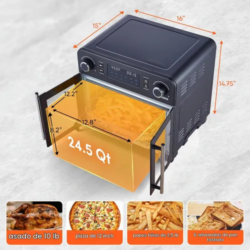 Vista 6 de Elite Gourmet EAF9010B Exterior Completamente de Acero, Horno de Convección de Puerta Francesa de 24.5 Qt. para Encimera, Capacidad Extra Grande