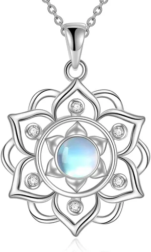 Vista 7 de ONEFINITY Collar de loto de plata de ley 925 con colgante de piedra lunar para yoga, joyería de loto para mujer