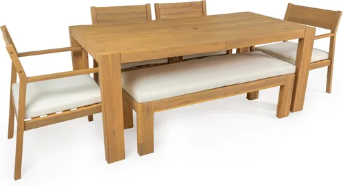 Vista 8 de RUNNA Juego de mesa de comedor de 6 piezas, juegos de muebles de exterior con agujero para paraguas, mesa rectangular de 71 pulgadas, sillas y banco
