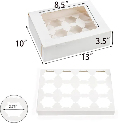 Vista 2 de Paquete de 20 cajas para cupcakes, 12 unidades, recipientes de papel blanco para cupcakes con insertos y ventana, contenedor de panadería, docena