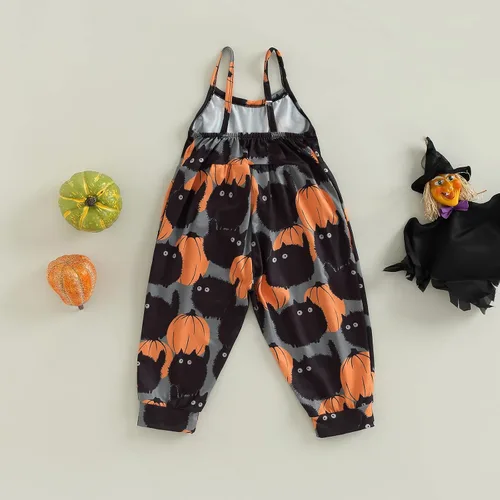 Vista 4 de Emmababy Enterizo de Halloween para niños y niñas pequeñas, con estampado de calabaza, fantasmacaricatura, gato, calabaza, sin mangas, 1-6T, overol