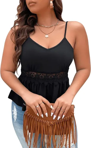 Vista 3 de SOLY HUX Camisola casual para mujer, talla grande, con ribete de encaje, dobladillo con volantes, tirantes delgados