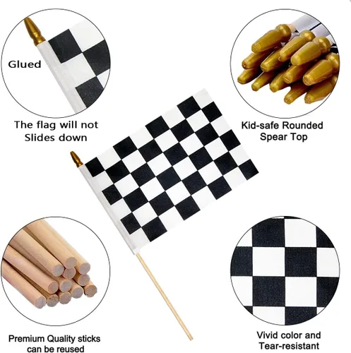 Vista 4 de 2 banderas a cuadros de 8 x 12 pulgadas, banderas de carreras en blanco y negro en palo, bandera de mano de Fórmula Uno F1 Racing con parte superior