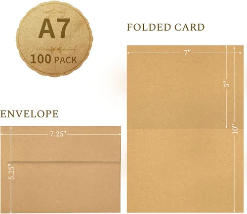 Vista 2 de Goefun Tarjetas y sobres de papel kraft marrón de 5 x 7 pulgadas, sobres A7 autosellados con cartulina marrón plegada de 5 x 7 pulgadas, paquete