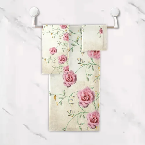 Vista 5 de Juego de toallas de baño para baño, diseño floral de primavera rosa rosa, juego de 3 toallas de lujo, 1 toalla de baño, 1 toalla de mano, 1 toalla