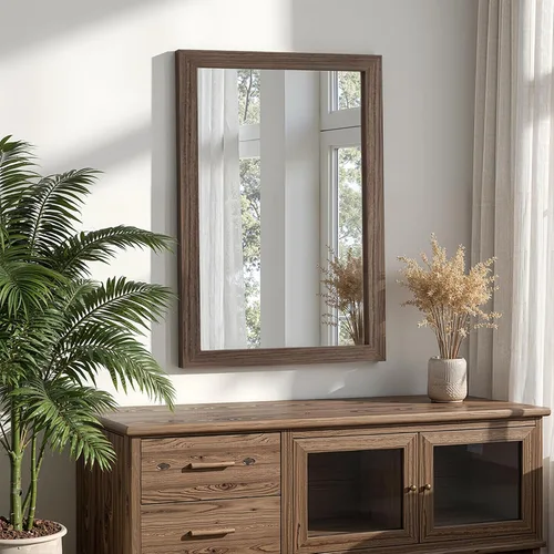 Vista 6 de Espejo de baño para pared con marco de madera, 30"x20" espejo de tocador rústico de granja con marco de madera maciza, espejo rectangular