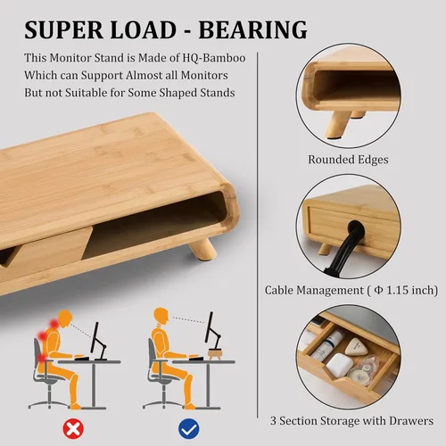 Vista 4 de Soporte de Monitor de Bambú Homerays, Elevador de Monitor sin Necesidad de Ensamblaje, Soporte de Monitor Exquisito con Cajón, Soporte de Monitor