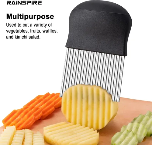Vista 5 de Rainspire Cortador de arrugas para verduras, cuchillo de acero inoxidable, cortador de verduras para papas, zanahorias, negro