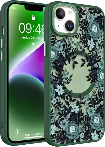 Vista 110 de Magnético para iPhone 13 con protector de pantalla [Compatible con MagSafe] Diseño de patrón floral de flores bonitas, funda delgada a prueba