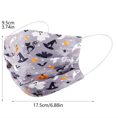 Vista 2 de 50 cubrebocas desechables de Halloween para adultos, uso diario, 3 capas, cubrebocas protectores con diseño de calabaza para regalo de fiesta