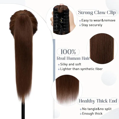 Vista 13 de Rich Choices Extensión de cola de caballo con clip de garra, cabello humano real, una pieza, extensiones de cabello largo Remy para mujer, #18P613