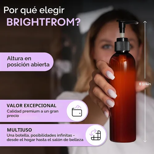 Vista 6 de BRIGHTFROM Botellas con bomba de loción, vacíos de 8 onzas, recipientes de plástico recargables sin BPA, ámbar con dispensador negro para jabón