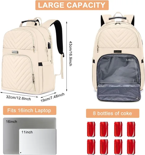 Vista 4 de Mochila de almuerzo para mujer, resistente al agua, bolsa de almuerzo aislada, mochilas para laptop de 15.6 pulgadas con puerto USB, mochila