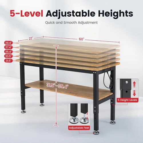 Vista 7 de ENJOYWOOD Mesa de trabajo para garaje de 60 pulgadas Banco de trabajo con almacenamiento Altura ajustable Tablero de madera de goma Banco de trabajo