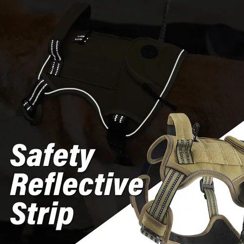Vista 5 de Arnés táctico para perros grandes, chaleco de servicio militar resistente sin tirones con asa de control y 4 parches, arnés ajustable reflectante