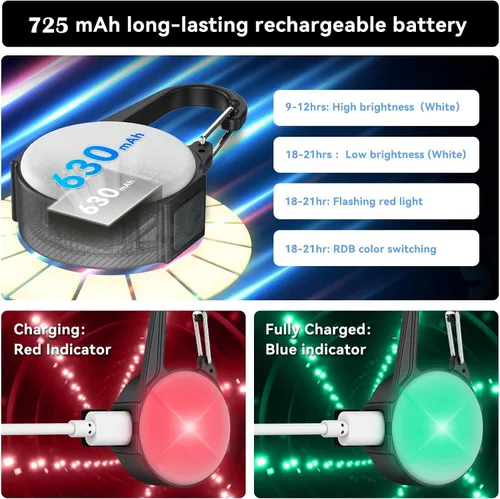 Vista 3 de Luces de perro para caminar por la noche, 4 modos IP68 impermeable collar de perro luz para clip nocturno, recargable de alta capacidad con 2 cables